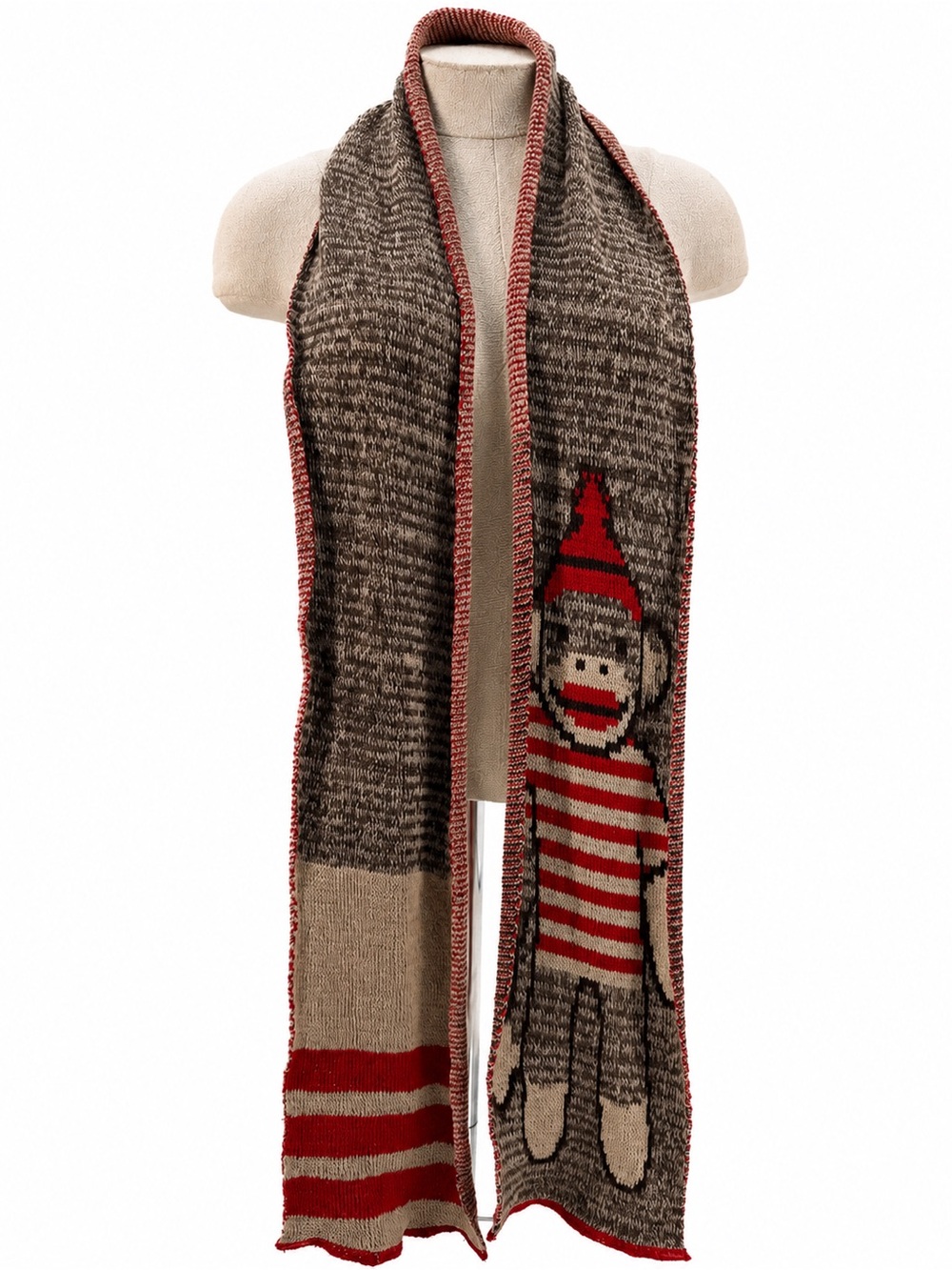 Green 3 Sock Monkey Scarf Accessory Cotton Made In USA Y2K Style Novelty Knit